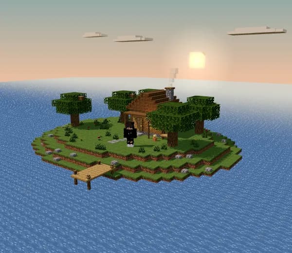 My Home World portfolio scene with a Minecraft character beside a workshop at sunset